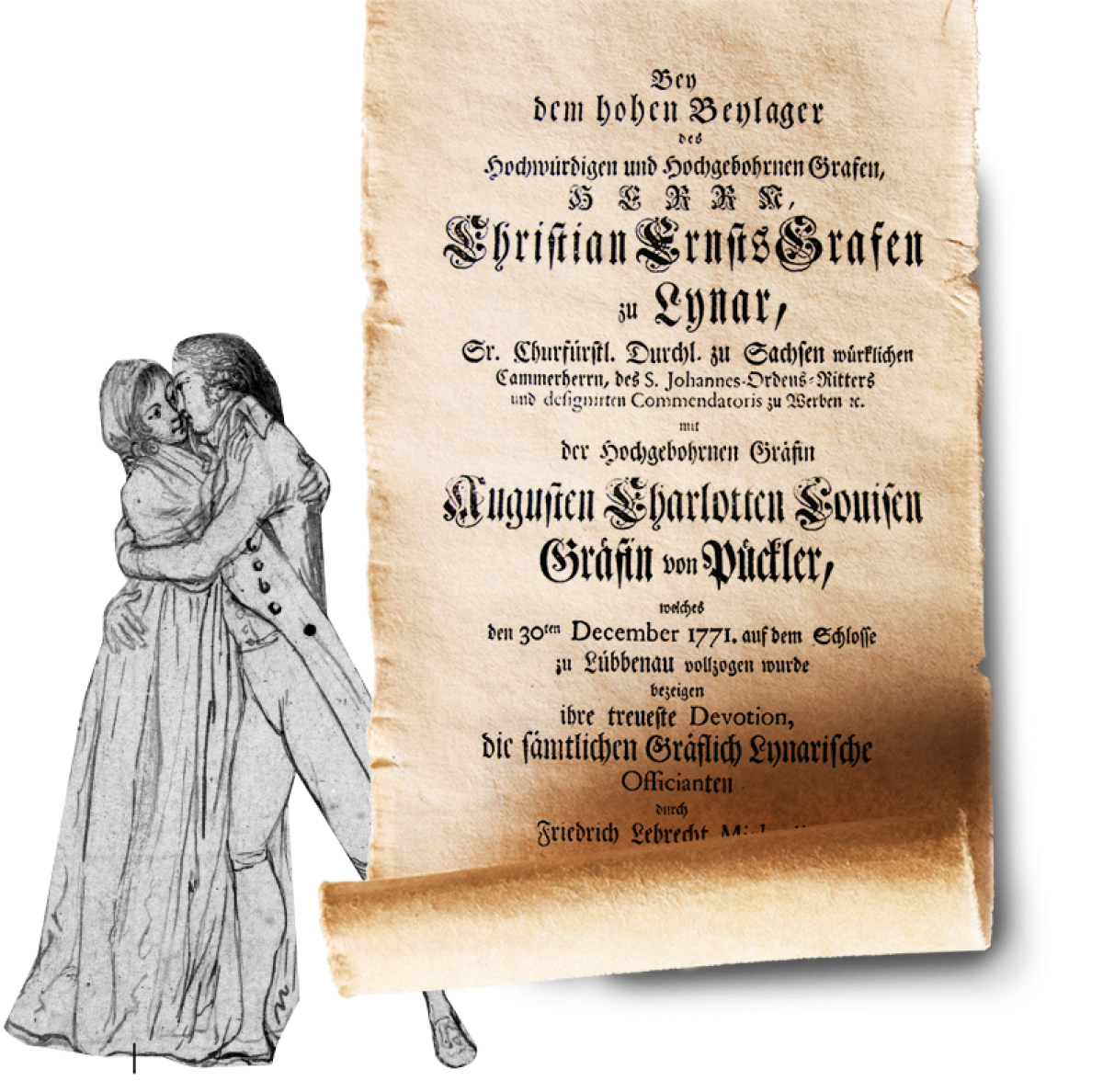 Illustration: Daniel Chodowiecki »Glück der Liebe«, Wedding poem: BLHA Rep 37 Lübbenau 5096/3