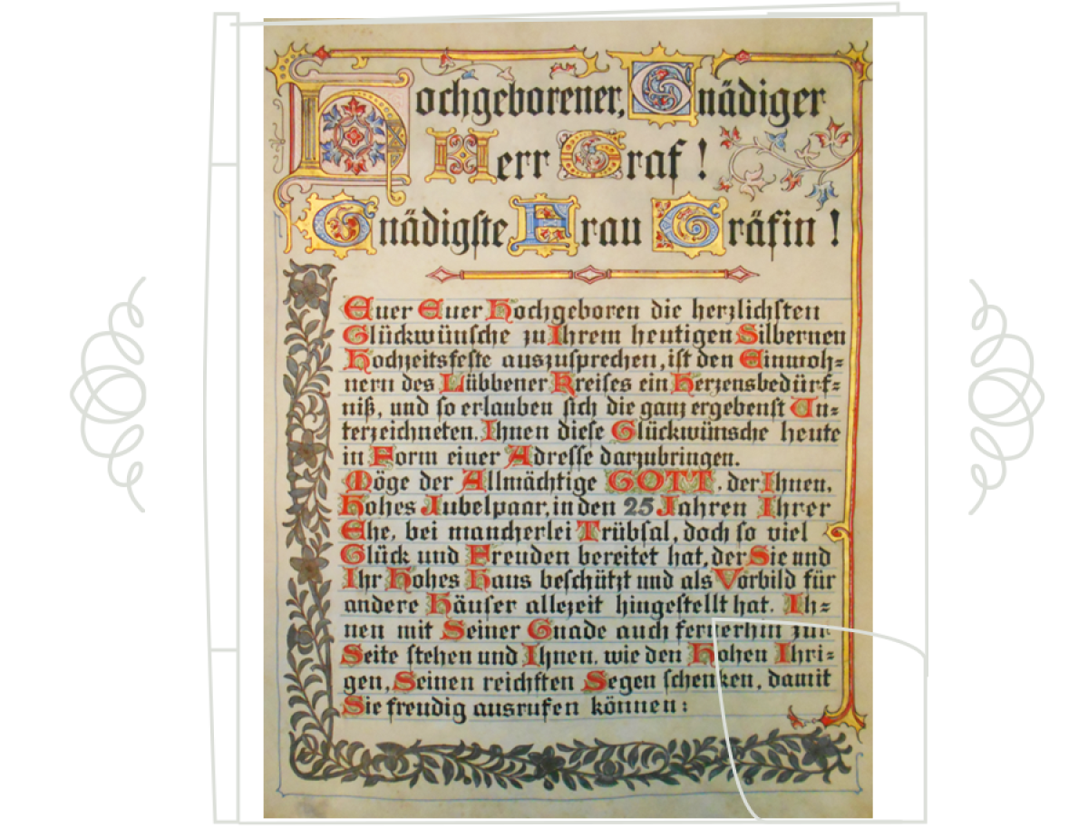 Glückwunschadresse; anlässlich der Silbernen Hochzeit von Dietrich Graf von Schulenberg und Hedwig geb. von Saldern (1897) (Quelle: BLHA, Rep. 37 Herrschaft Lieberose Nr. 1519 ÜF)