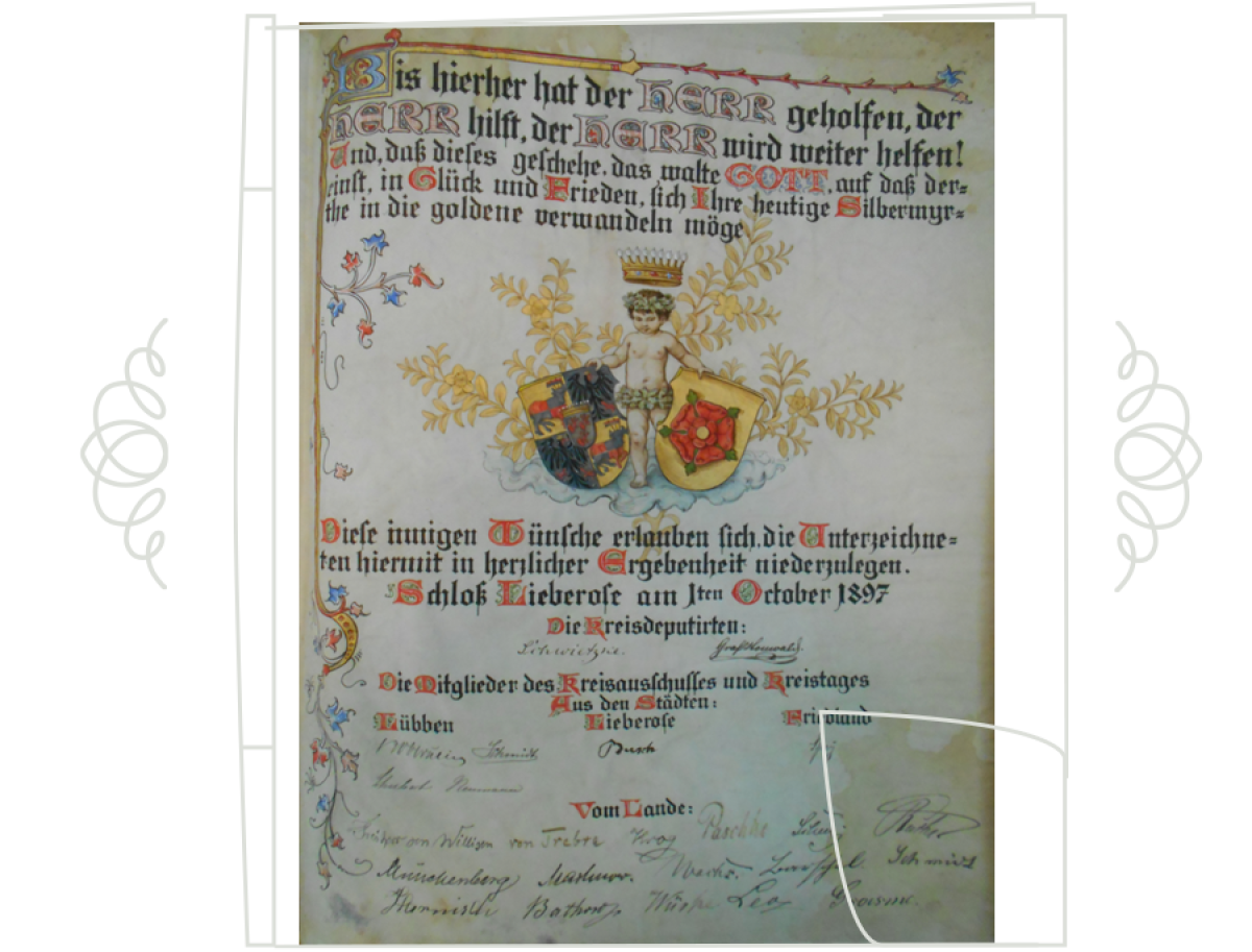 Glückwunschadresse anlässlich der Silbernen Hochzeit von Dietrich Graf von Schulenberg und Hedwig geb. von Saldern (1897) (Quelle: BLHA, Rep. 37 Herrschaft Lieberose Nr. 1519 ÜF)